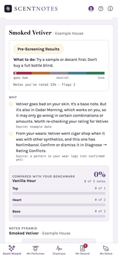 Pre-Screening Results screen